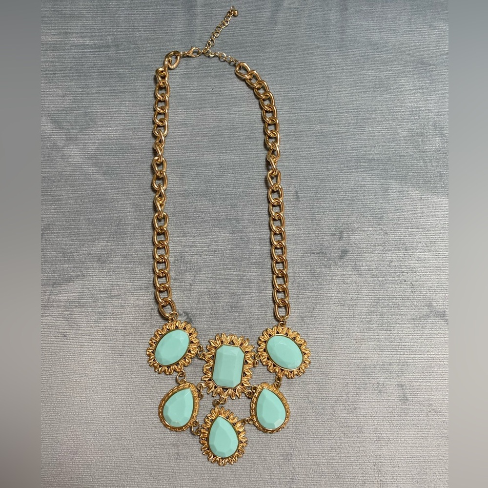 Vintage goldtone bib necklace with turquoise cabochons 11-13”,like new